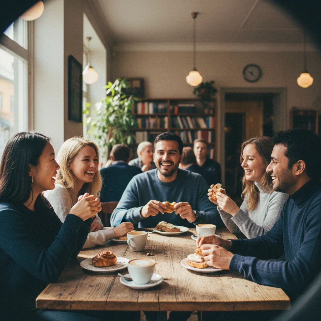 Gruppe von Menschen unterschiedlicher Herkunft beim gemeinsamen Fika in einem schwedischen Café