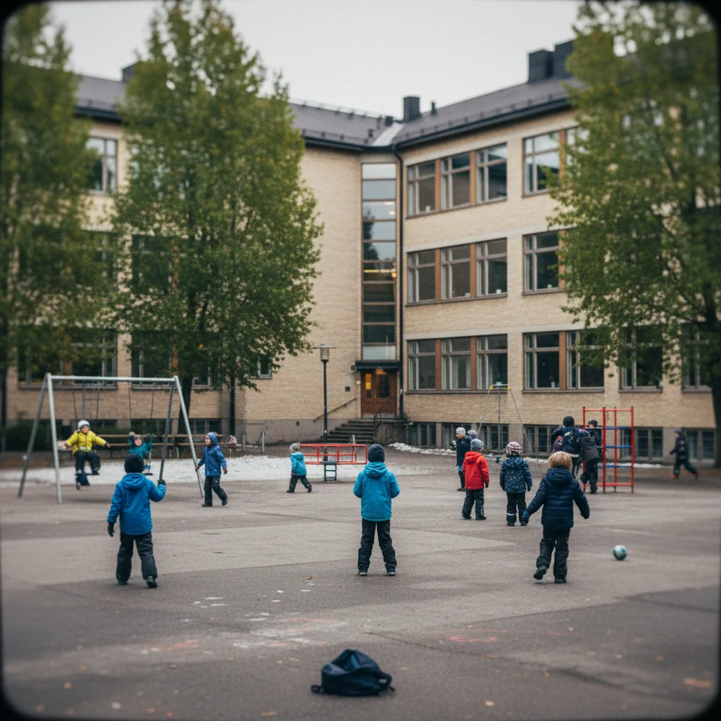 Schulgebäude der Deutschen Schule Stockholm mit spielenden Kindern auf dem Schulhof