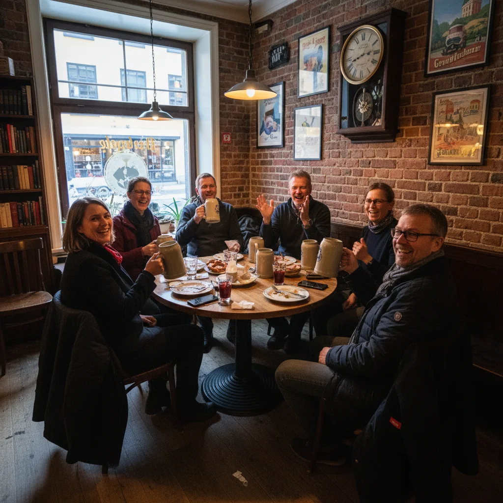 Gruppe von Menschen bei einem deutschen Stammtisch in einem Stockholmer Café