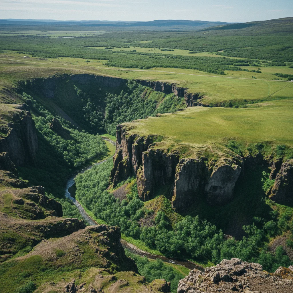 Ásbyrgi Schlucht von oben mit ihrer charakteristischen Hufeisenform