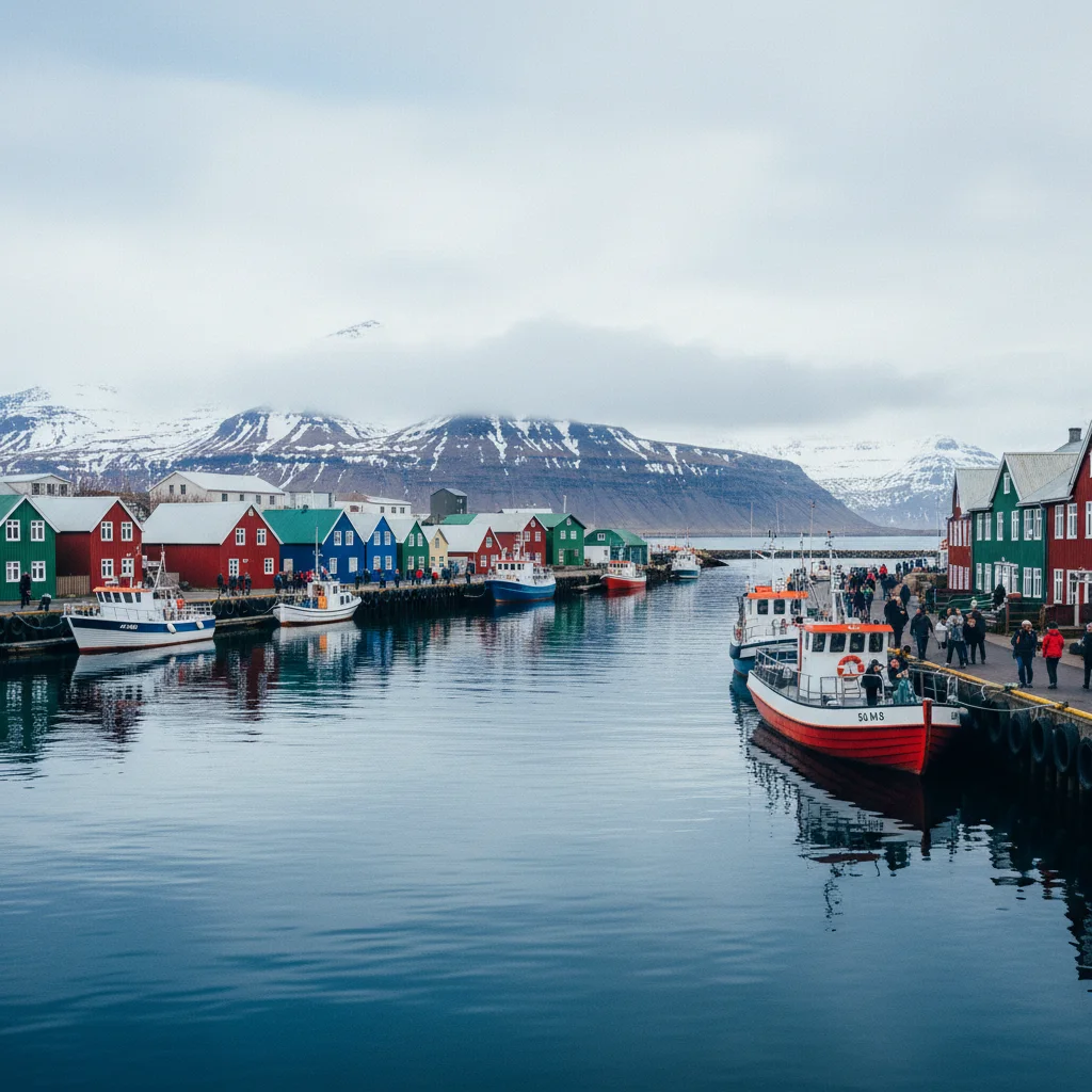 Húsavík Hafen mit bunten Häusern und Booten für Walbeobachtung