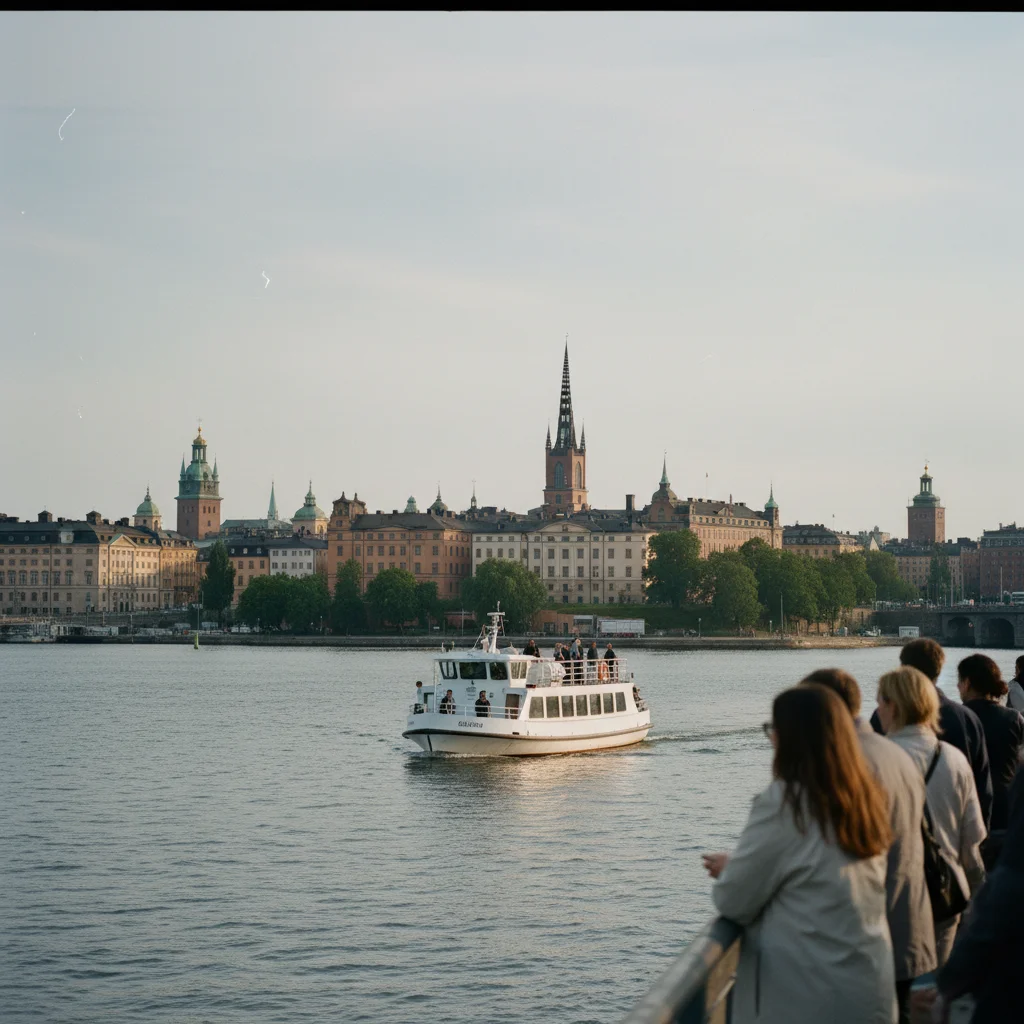 Die Djurgården-Fähre auf dem Wasser mit der Insel im Hintergrund