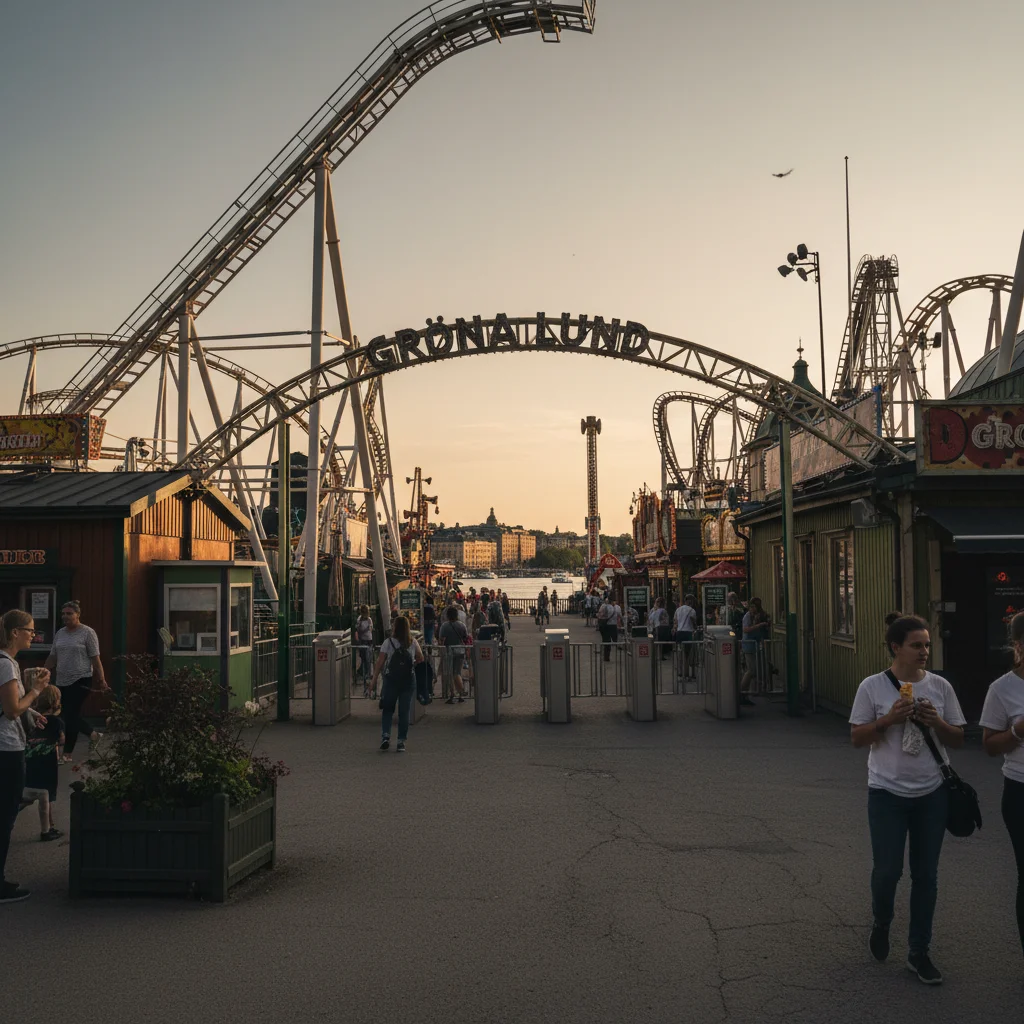 Gröna Lund Vergnügungspark am Wasser mit Achterbahn und Riesenrad