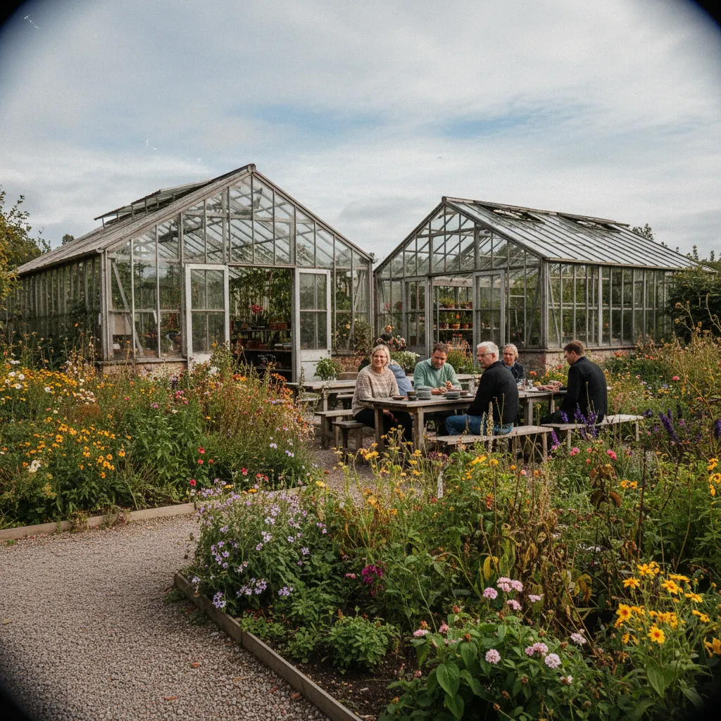 Rosendals Trädgård mit Gewächshaus, Blumenbeeten und Café-Terrasse