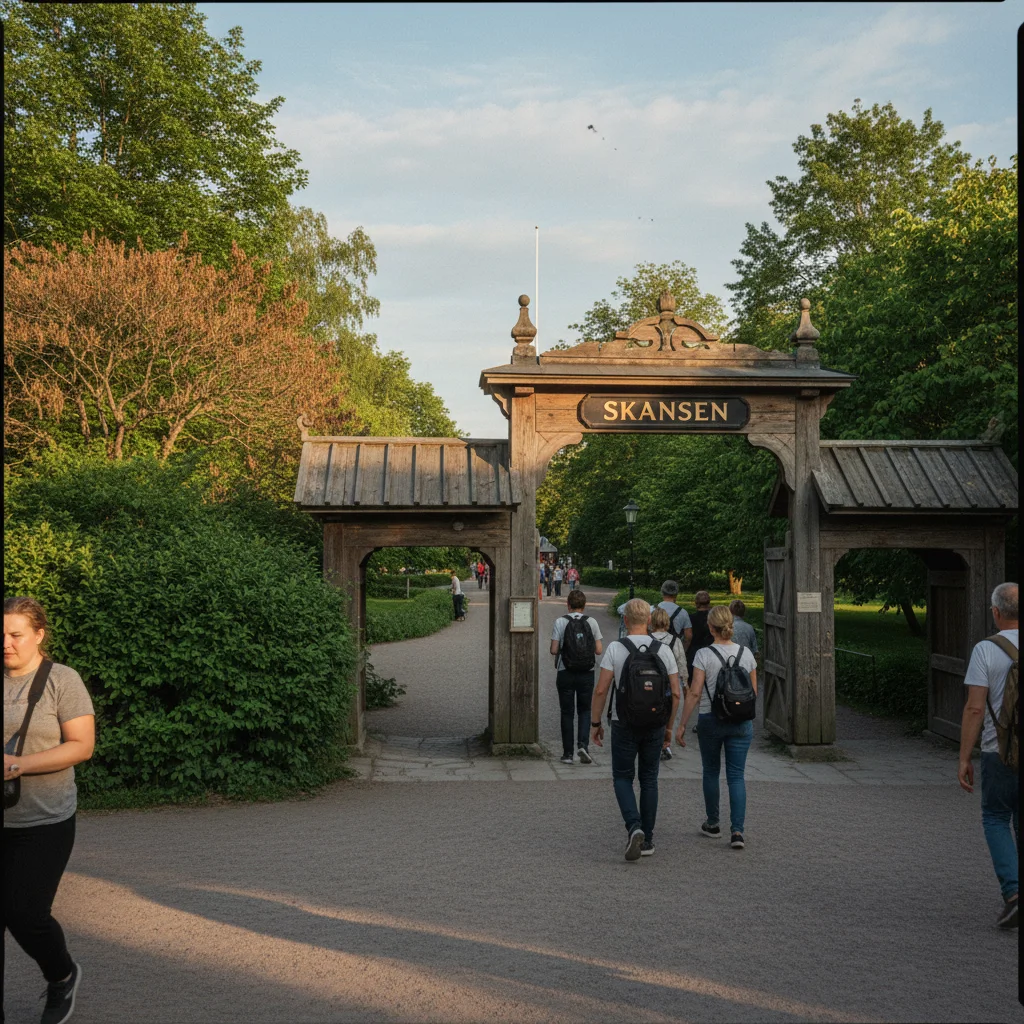 Der Eingangsbereich von Skansen mit historischem Tor und Besuchern
