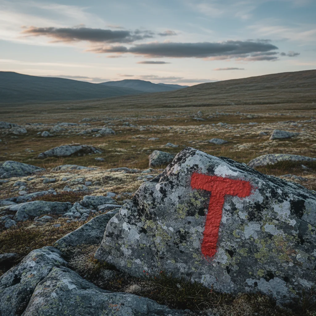 Rote T-Markierung auf einem Felsen im norwegischen Fjell