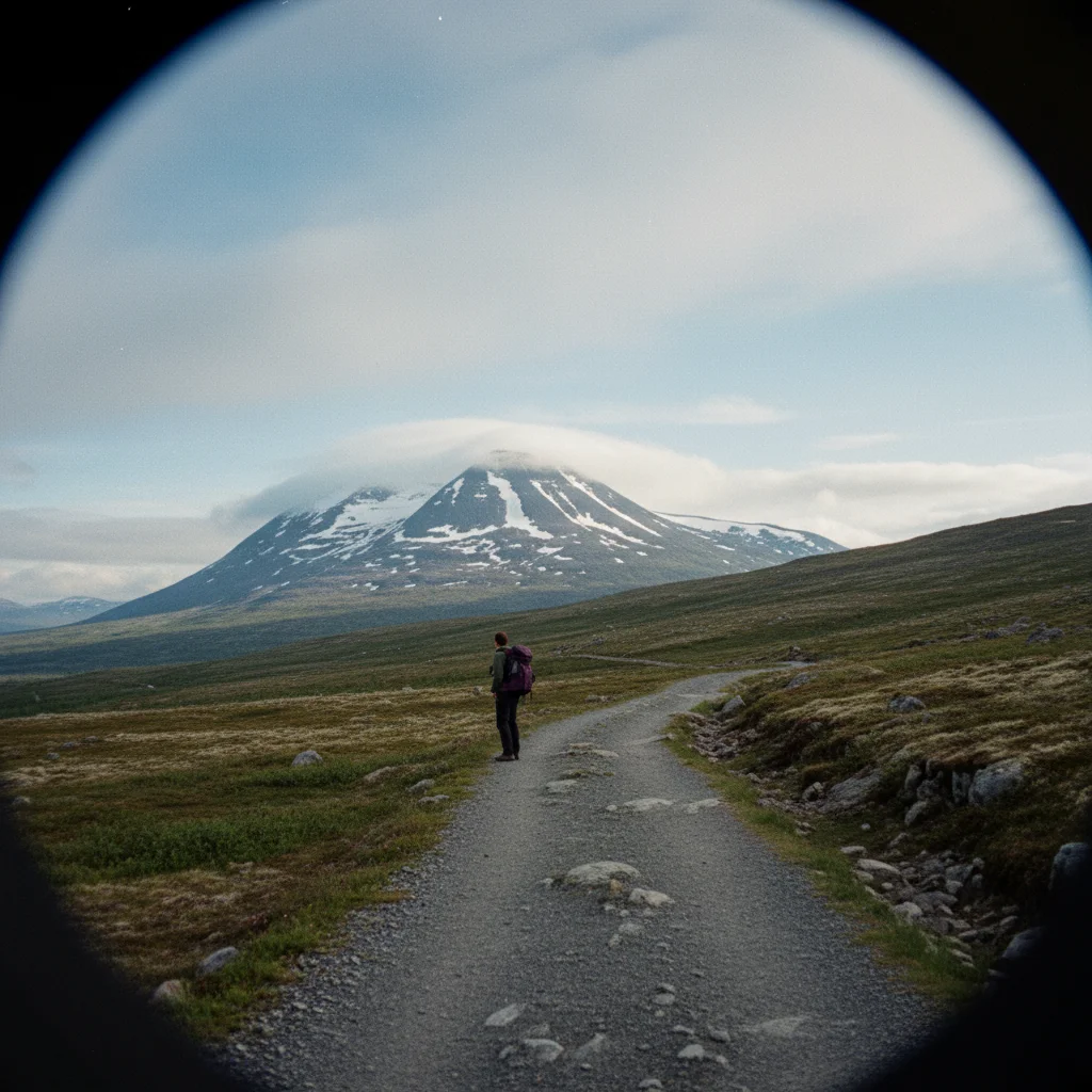 Der schneebedeckte Gipfel des Snøhetta über der kargen Dovrefjell-Hochebene