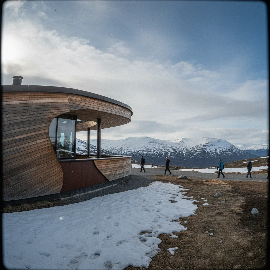 Der architektonische Aussichtspunkt Viewpoint Snøhetta im Dovrefjell aus Holz und Stahl