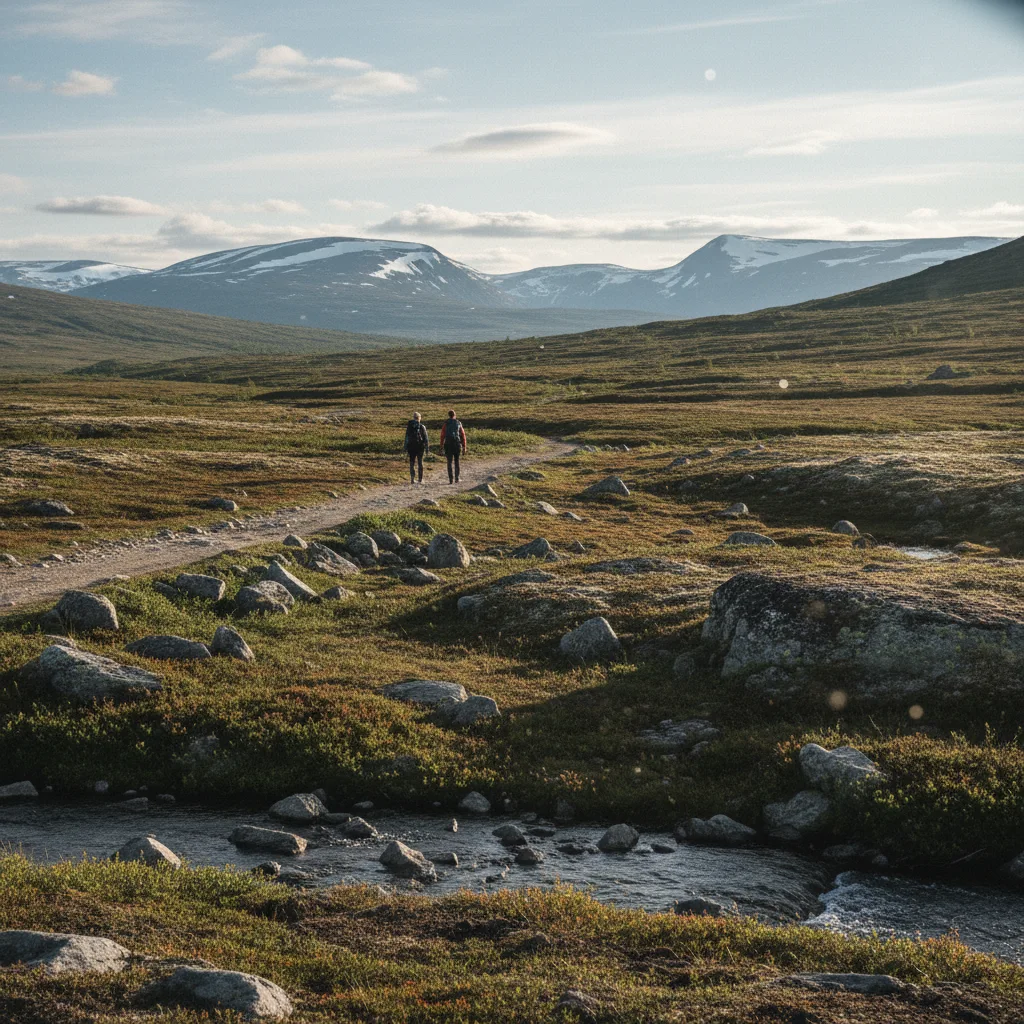 Wanderweg durch die weite Hochebene des Dovrefjell mit Bergen am Horizont
