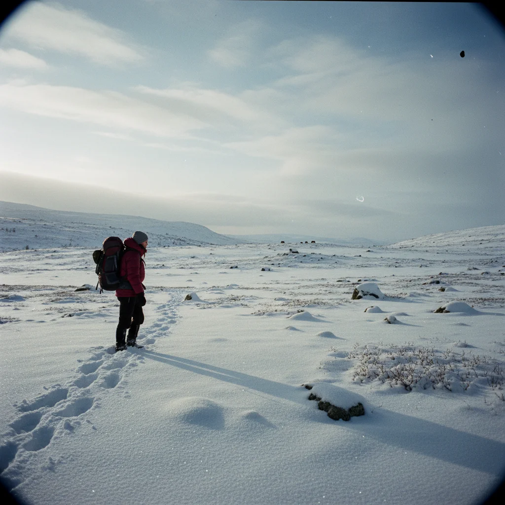 Winterlandschaft im Dovrefjell mit verschneiten Bergen und klarem Himmel