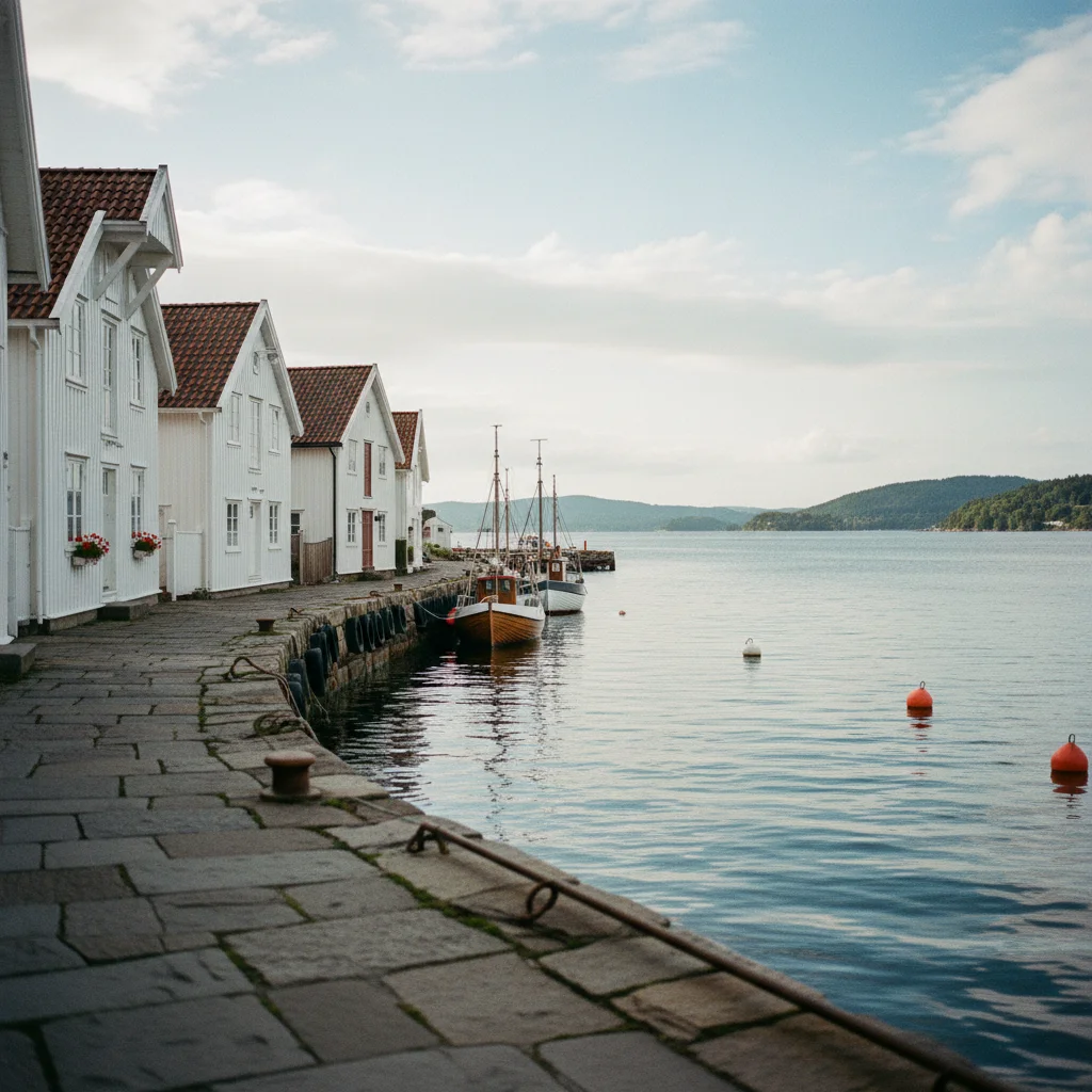 Der Hafen von Drøbak mit weißen Holzhäusern am Oslofjord