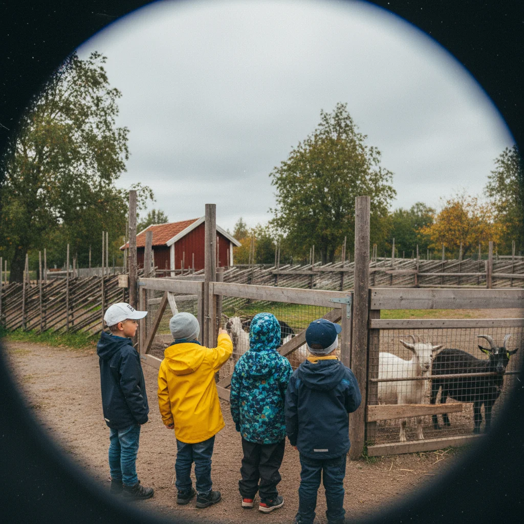 Bunte Holzhaeuser in Kardemomme By im Kristiansand Dyrepark