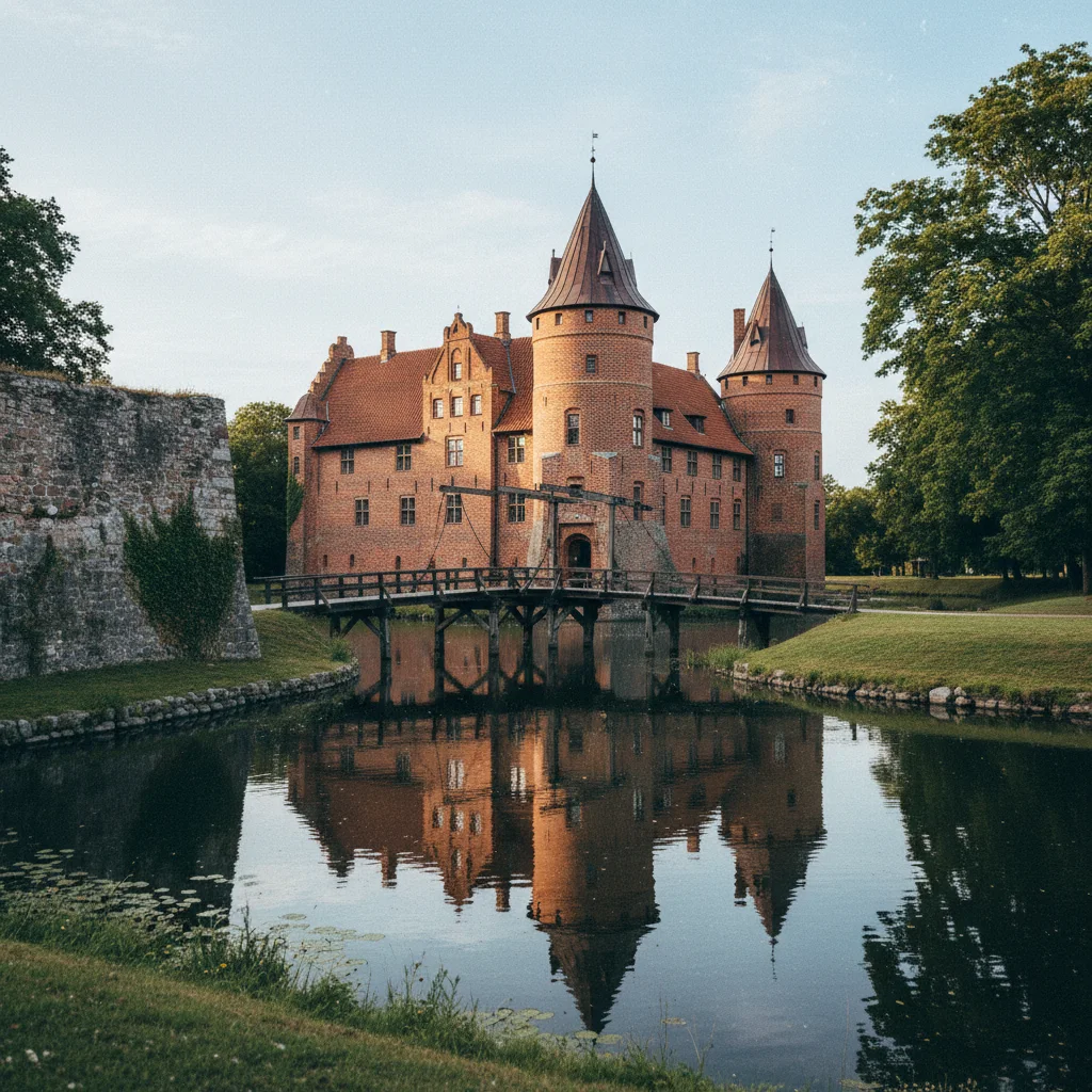 Schloss Egeskov von außen mit Wassergraben und Zugbrücke