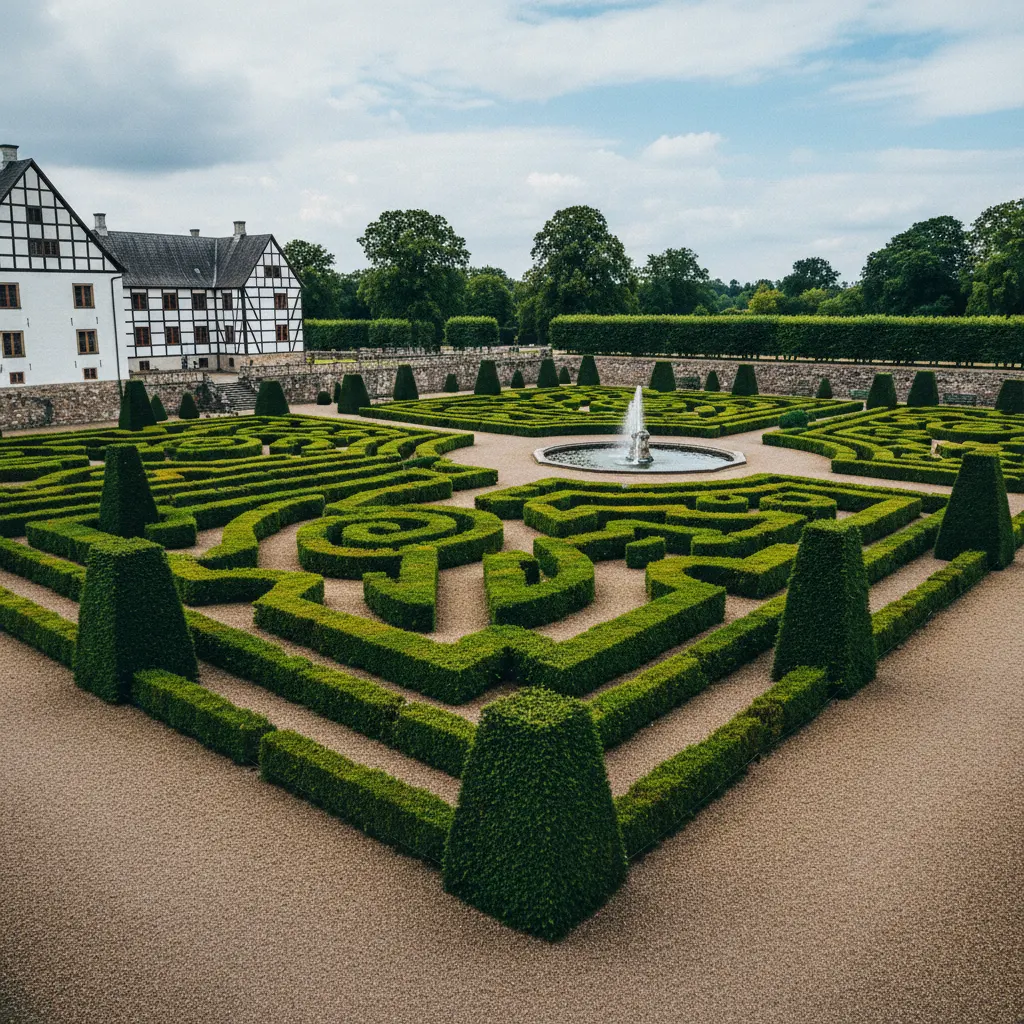 Formaler Barockgarten von Schloss Egeskov mit geometrischen Hecken