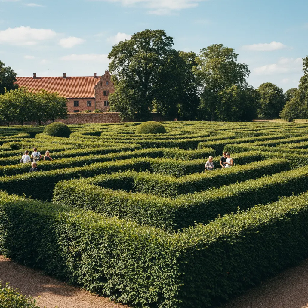 Irrgarten aus Buchsbaumhecken auf dem Gelände von Schloss Egeskov