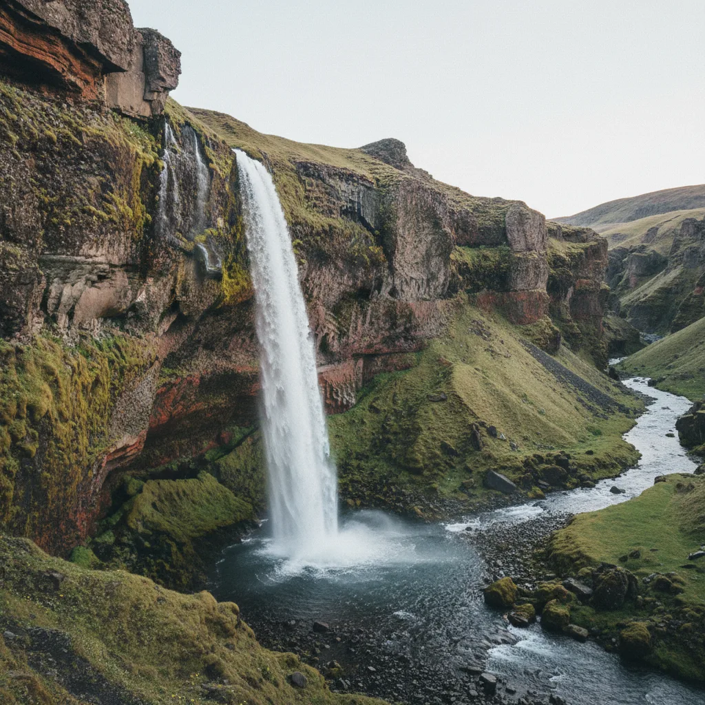 Hengifoss Wasserfall bei Egilsstaðir mit roten Gesteinsschichten