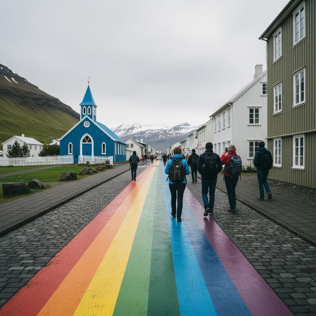 Regenbogenstraße in Seyðisfjörður mit bunter Kirche