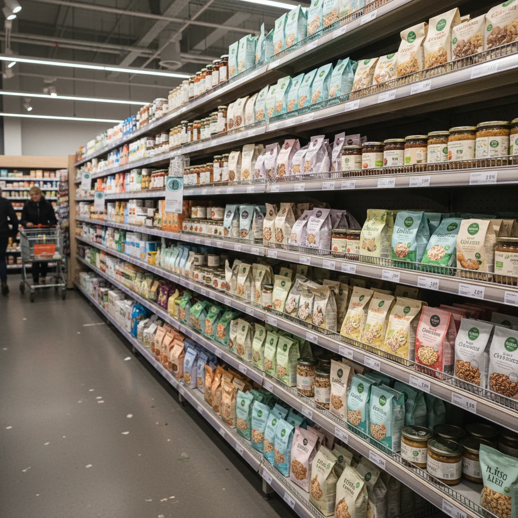 Gut sortiertes Regal in einem schwedischen Coop-Supermarkt mit Bio-Produkten