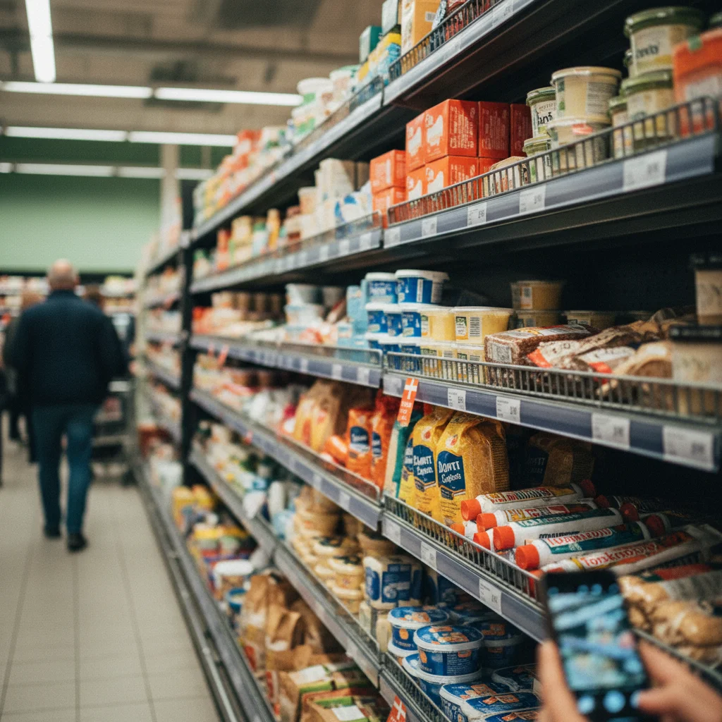 Supermarktregal mit dänischen Produkten