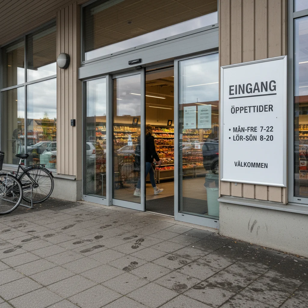Eingangsbereich eines schwedischen Supermarkts mit Öffnungszeiten-Schild