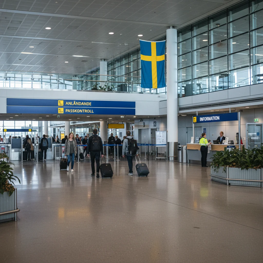 Ankunftshalle am Flughafen Stockholm-Arlanda mit Reisenden und Informationstafeln