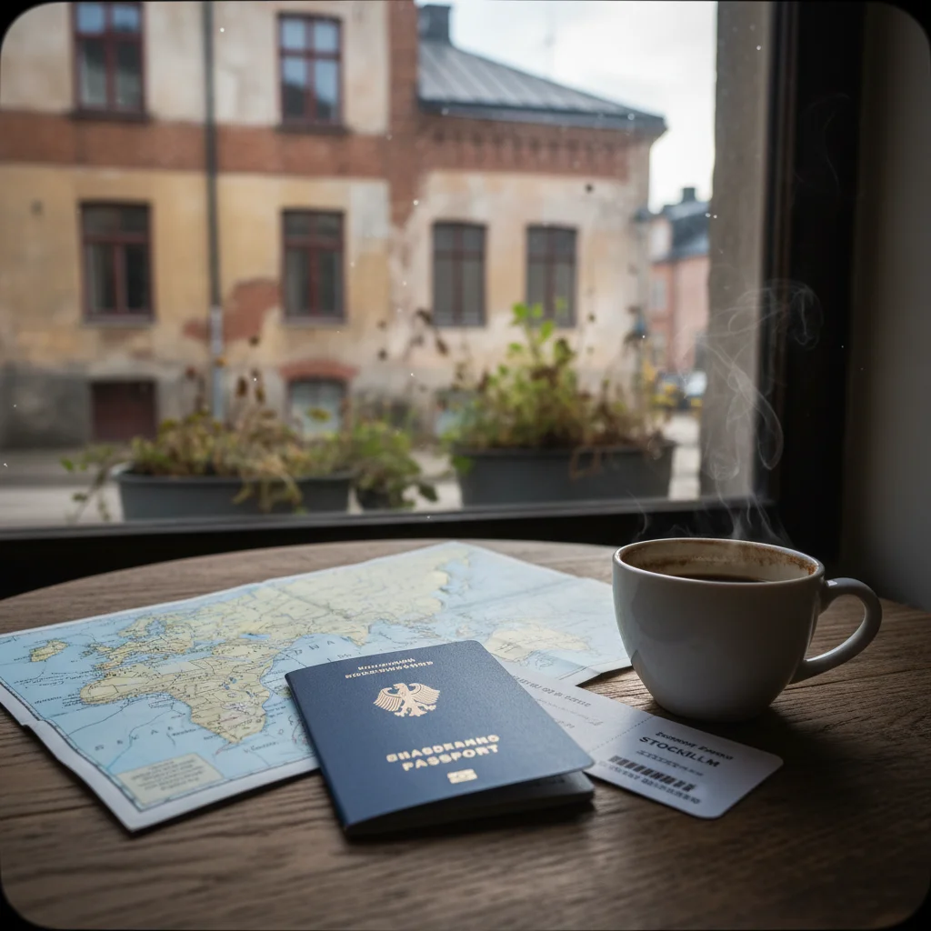 Deutscher Reisepass und Personalausweis auf einer Landkarte von Skandinavien