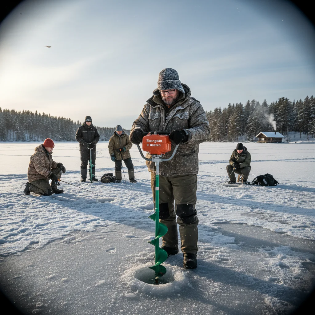 Eisbohrer beim Durchbohren der Eisdecke auf einem finnischen See
