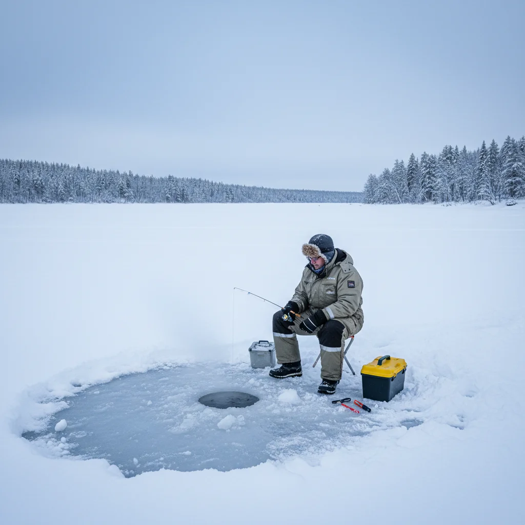Eisangler in der winterlichen Landschaft Lapplands bei Sonnenuntergang