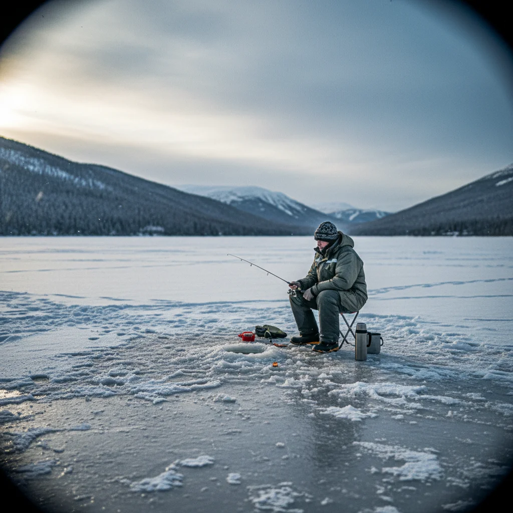 Zugefrorener See in Finnland mit Eisanglern in der Ferne