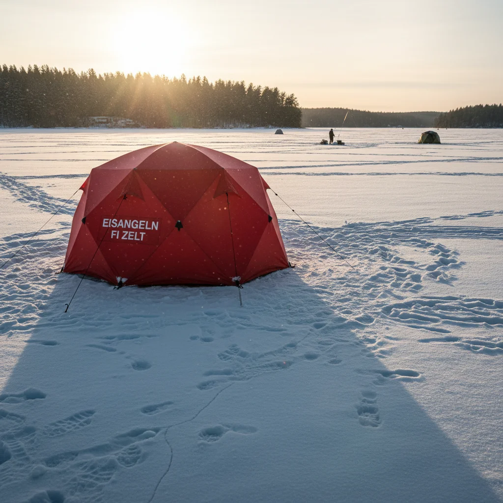 Eisangel-Zelt auf einem zugefrorenen See in Finnland