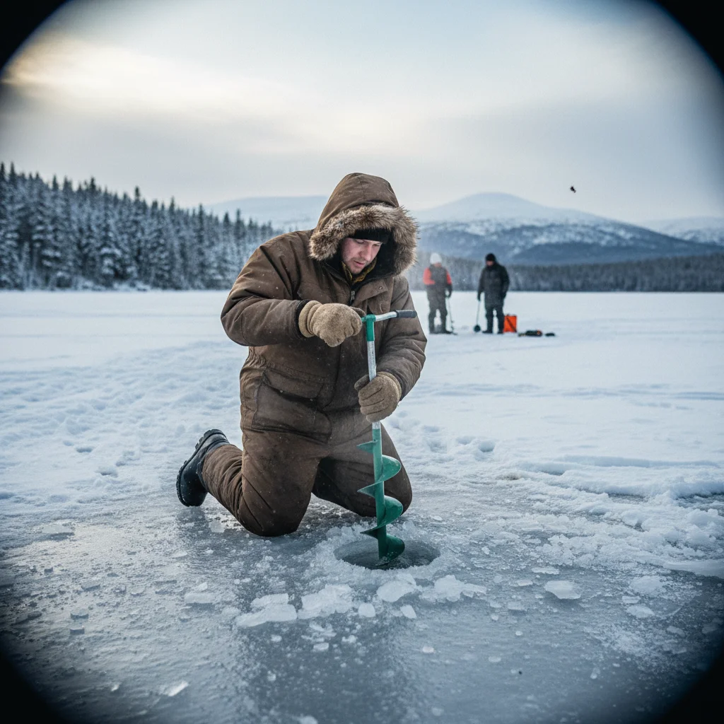 Eisangler bohrt ein Loch in die Eisdecke eines norwegischen Sees