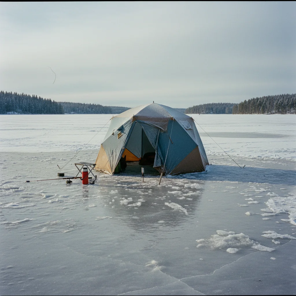 Eisangelzelt auf einem zugefrorenen norwegischen See