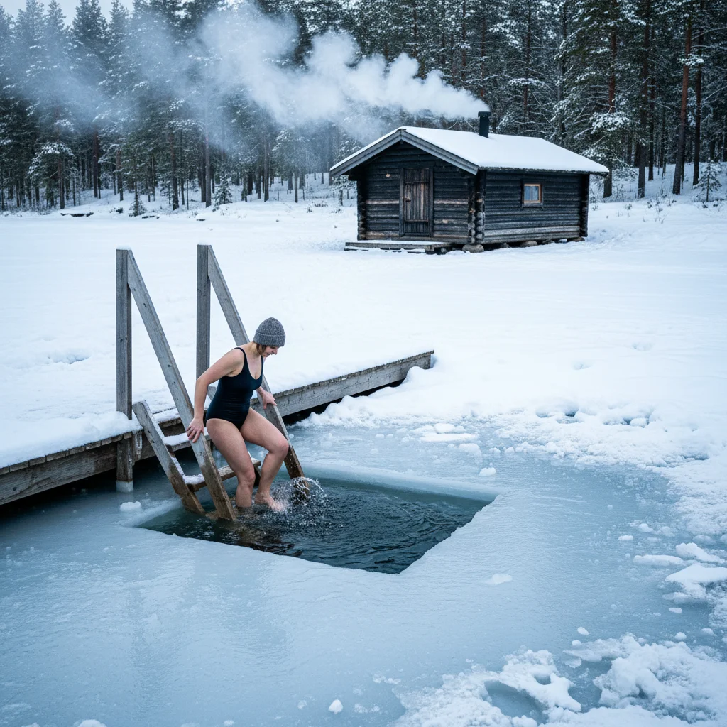 Person steigt über eine Holzleiter in ein Eisloch in einem zugefrorenen See, im Hintergrund eine Rauchsauna