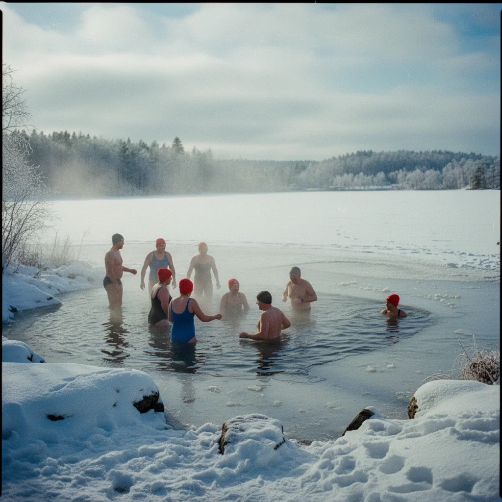 Gruppe von Menschen beim Eisbaden in Finnland