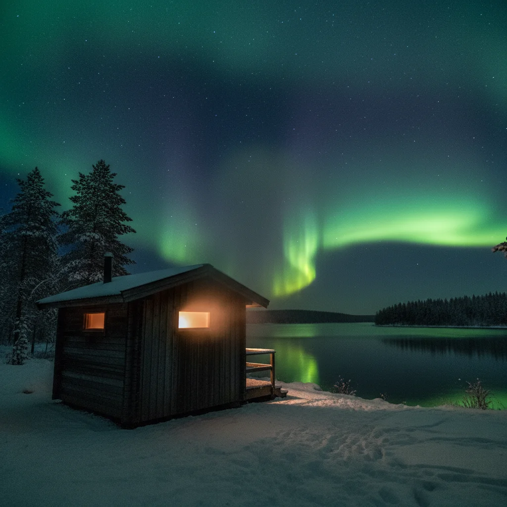Dampfende Sauna am Seeufer in Finnisch-Lappland bei Nacht mit Nordlichtern am Himmel
