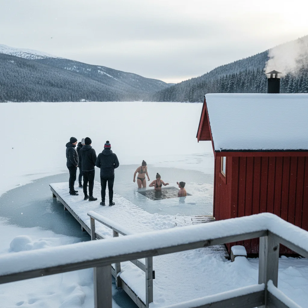 Finnische Sauna am See im Winter mit Eisloch davor
