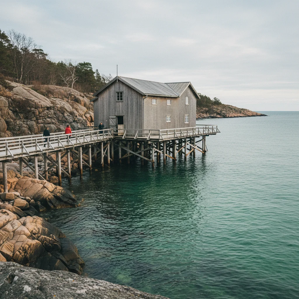 Historisches Kallbadhus-Gebäude auf Holzpfählen im Meer an der schwedischen Küste