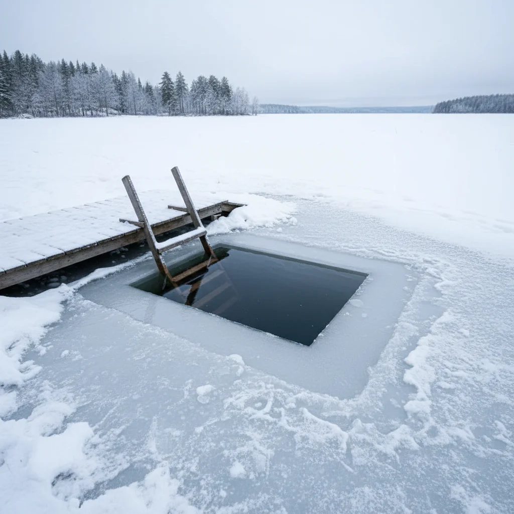Rechteckiges Loch in einer dicken Eisschicht auf einem finnischen See mit Holzsteg und Leiter