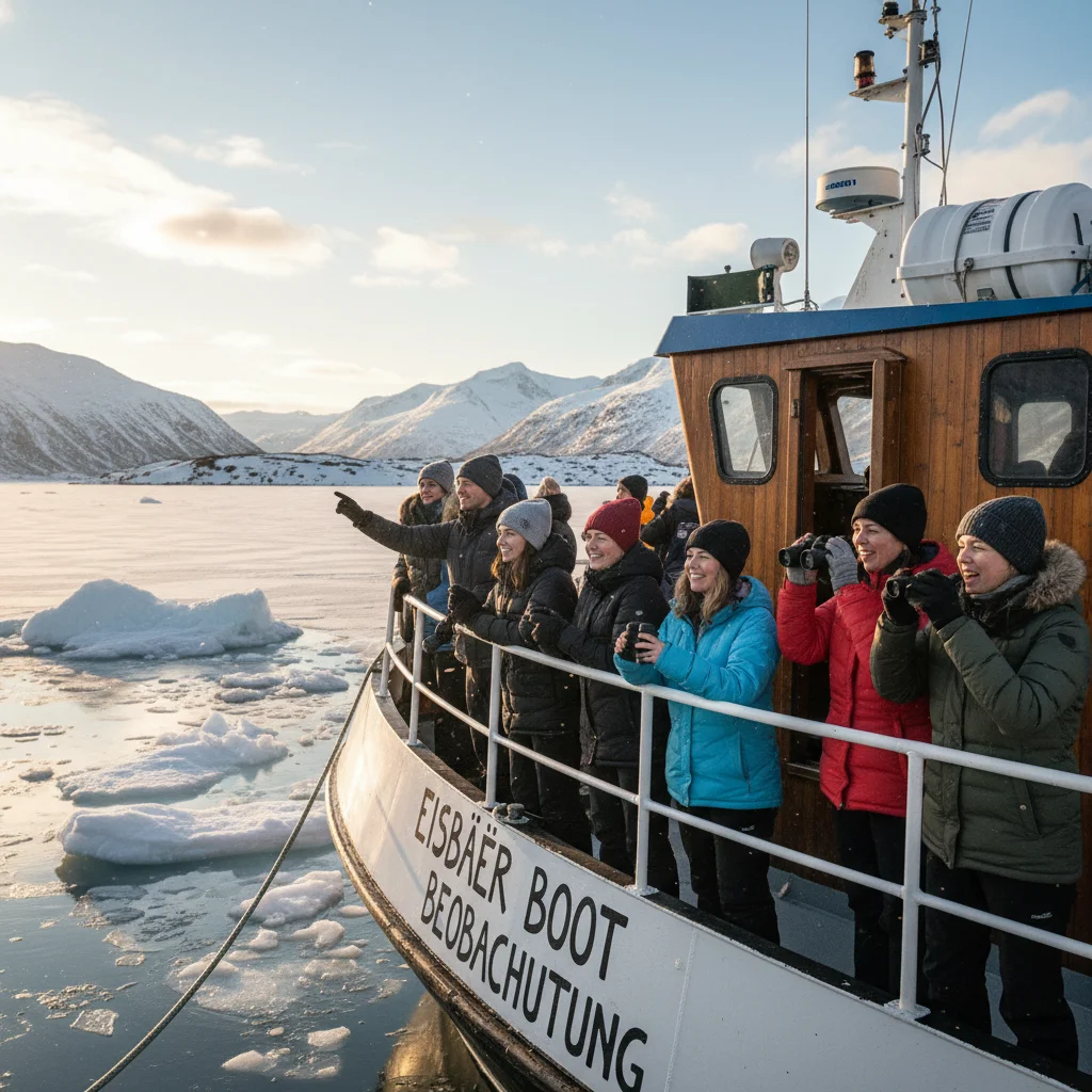 Eisbär wird vom Expeditionsboot aus beobachtet an der Küste von Svalbard