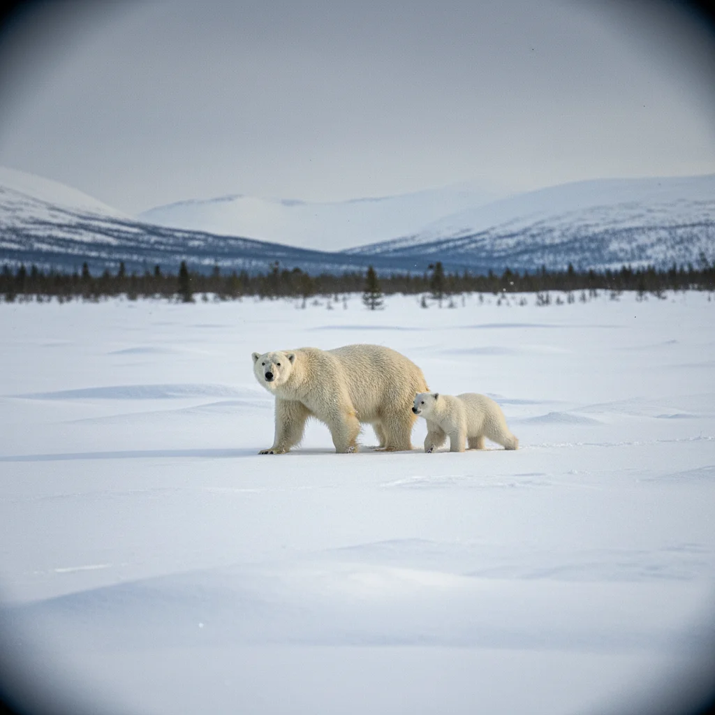 Eisbärmutter mit Jungem auf Svalbard in der arktischen Landschaft