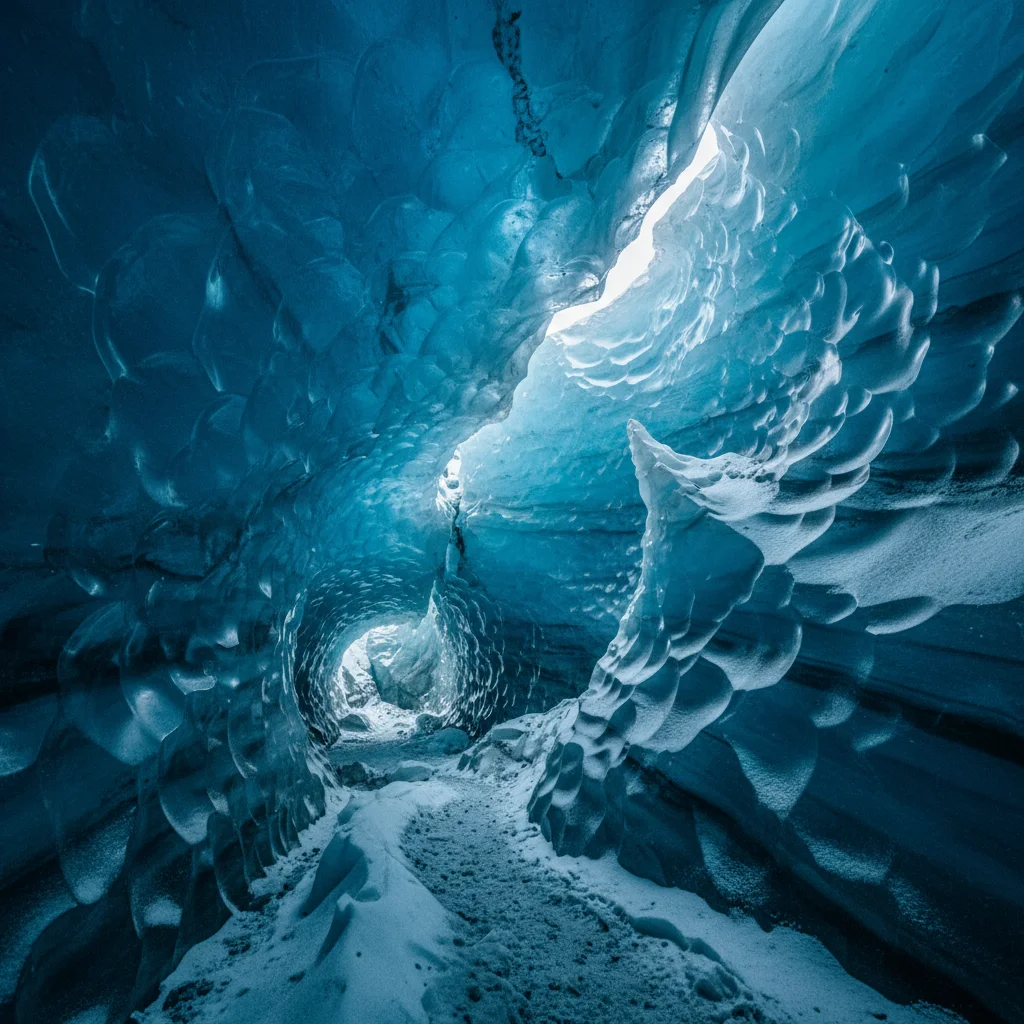 Natürliche Eishöhle mit blauem Licht im Vatnajökull
