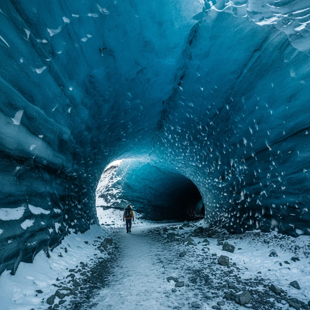 Eingang zu einer Eishöhle unter dem Vatnajökull mit blauem Eis