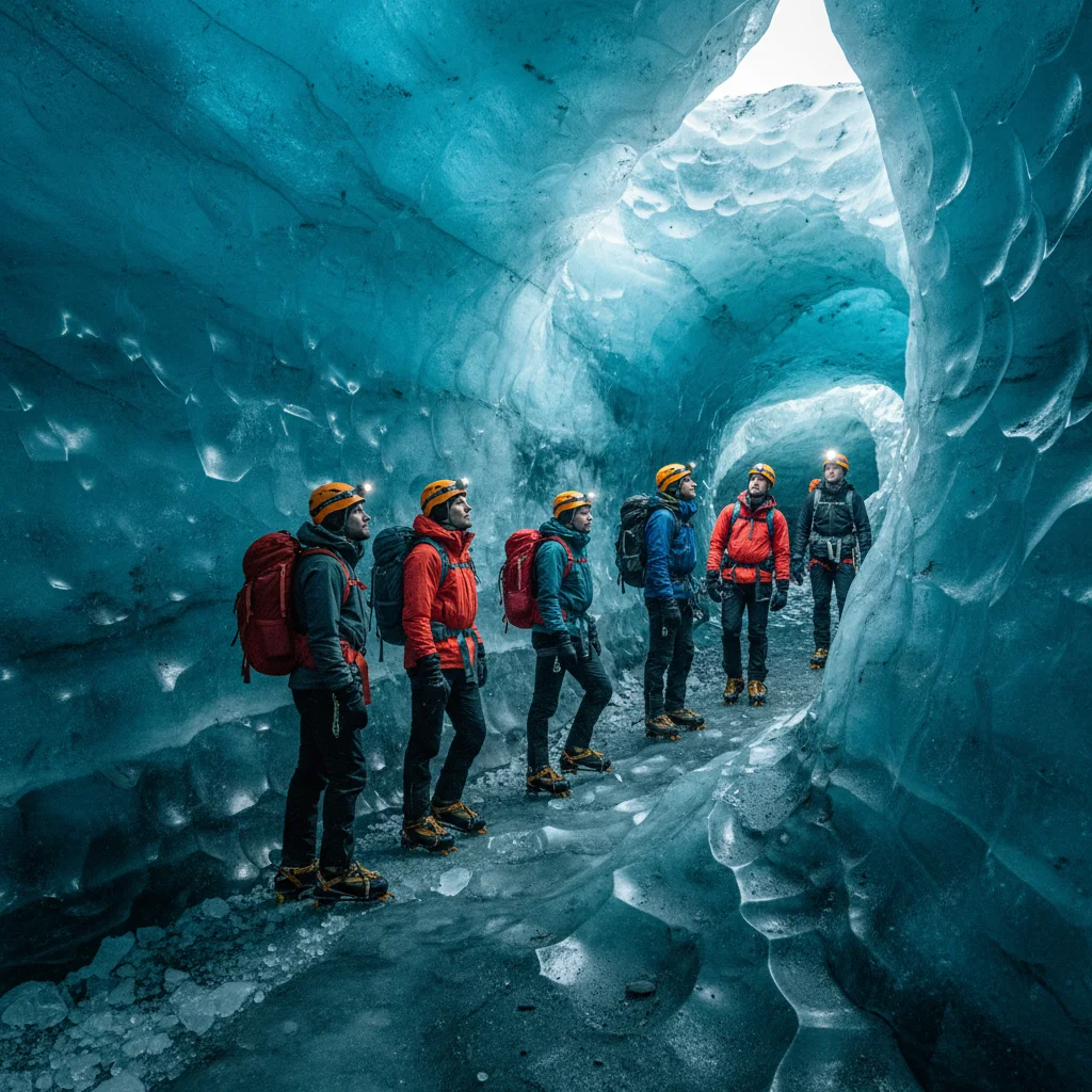 Gruppe von Touristen mit Helmen und Steigeisen in einer isländischen Eishöhle