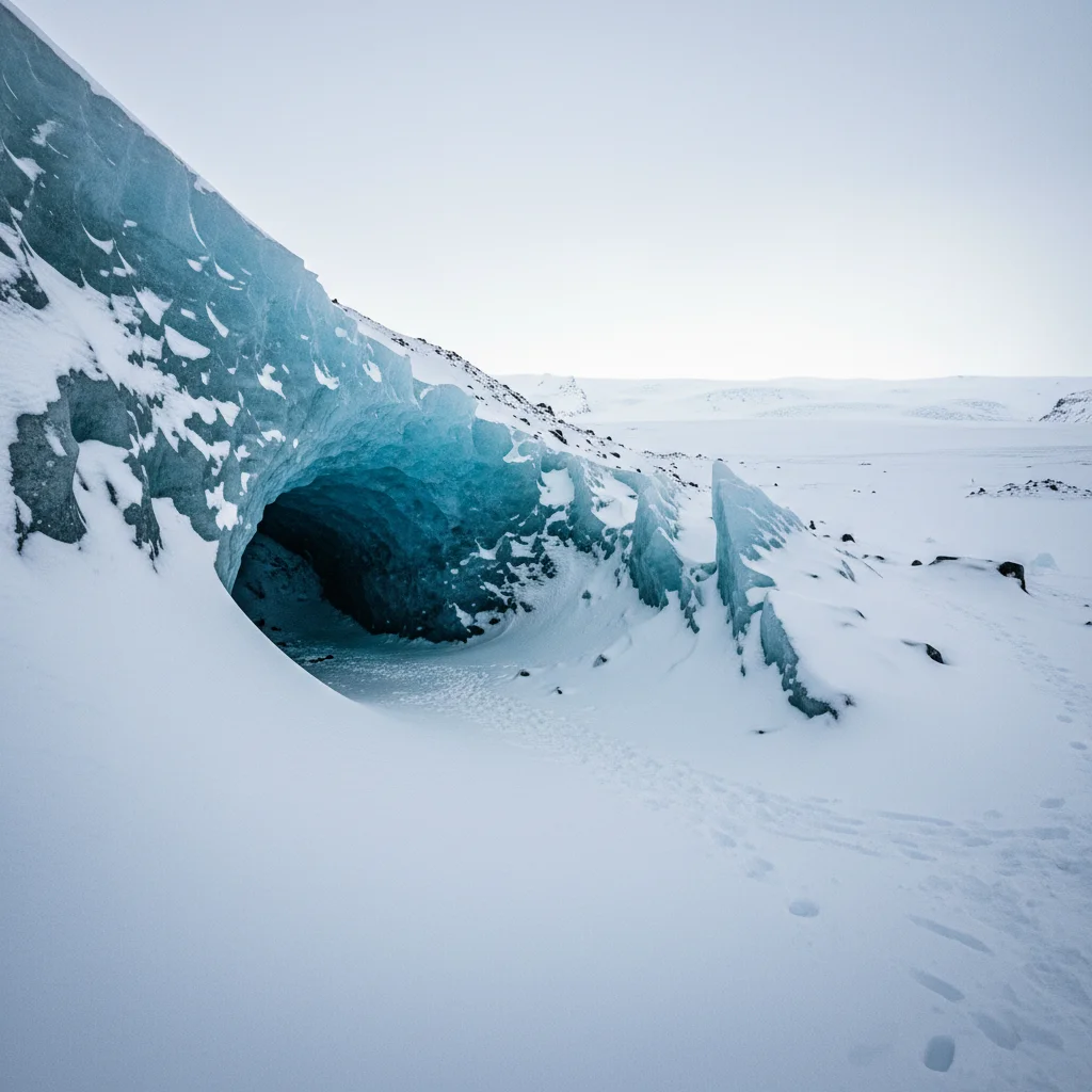 Winterlandschaft am Vatnajökull Gletscher mit Eishöhleneingang und Schnee