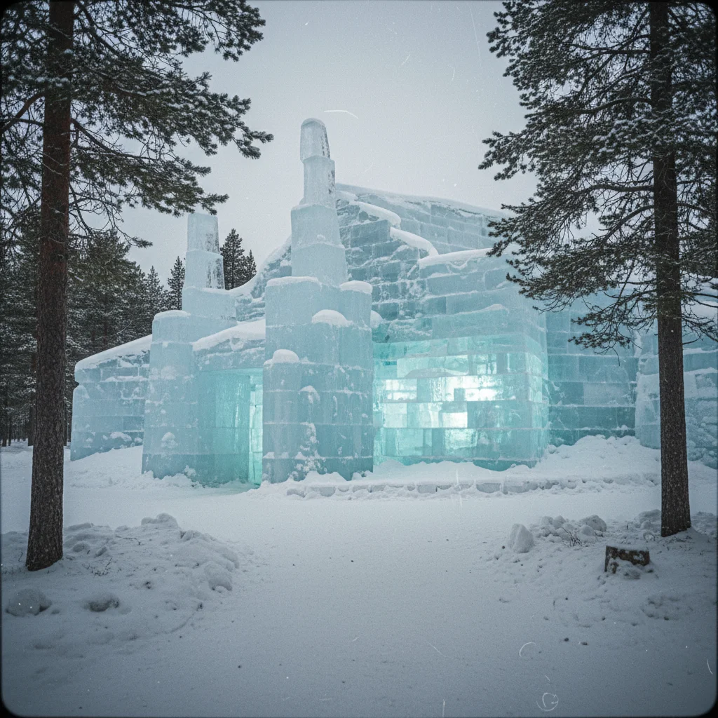 Außenansicht des Sorrisniva Igloo Hotels bei Nacht mit Nordlichtschimmer