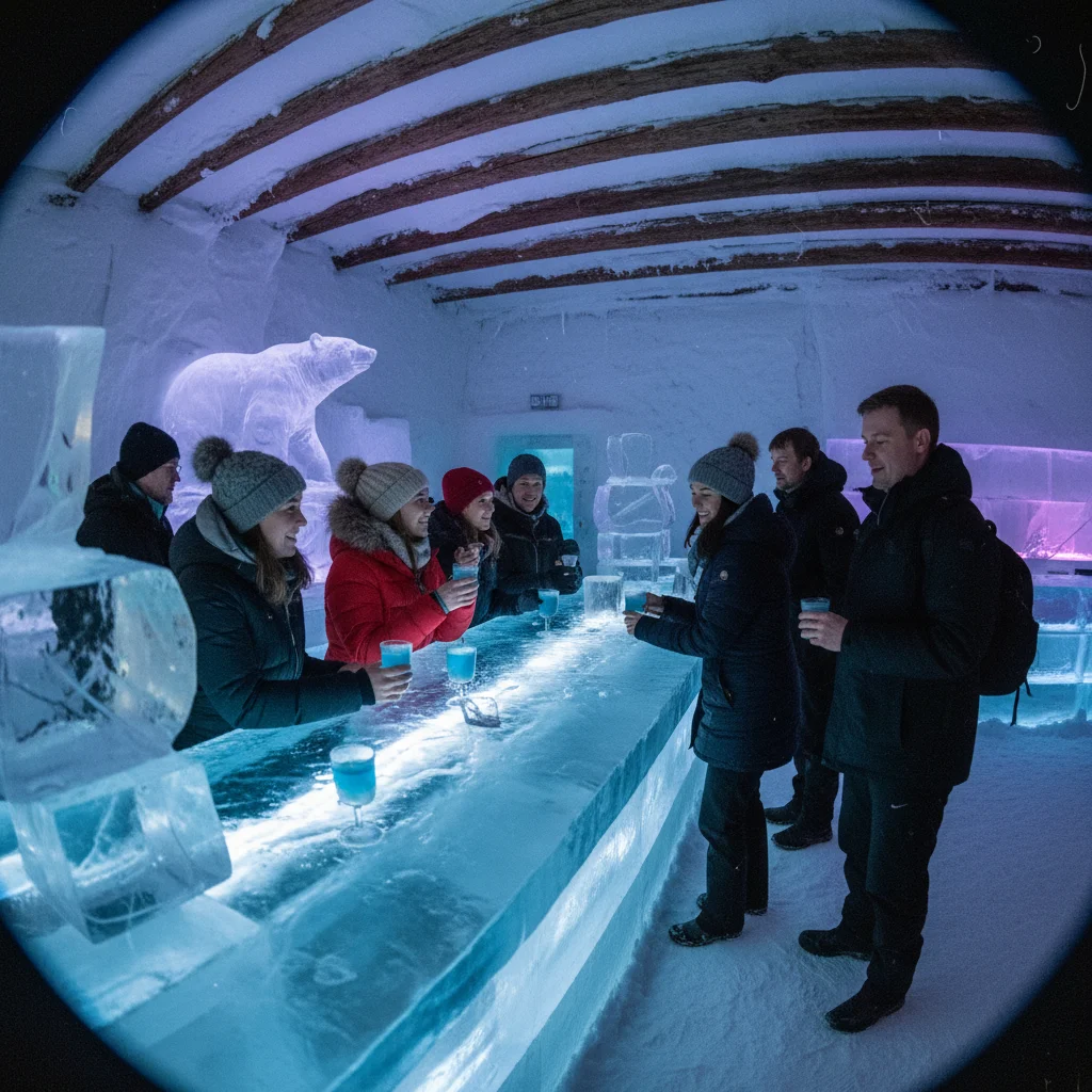 Eisbar im Sorrisniva Igloo Hotel mit beleuchteten Eisgläsern