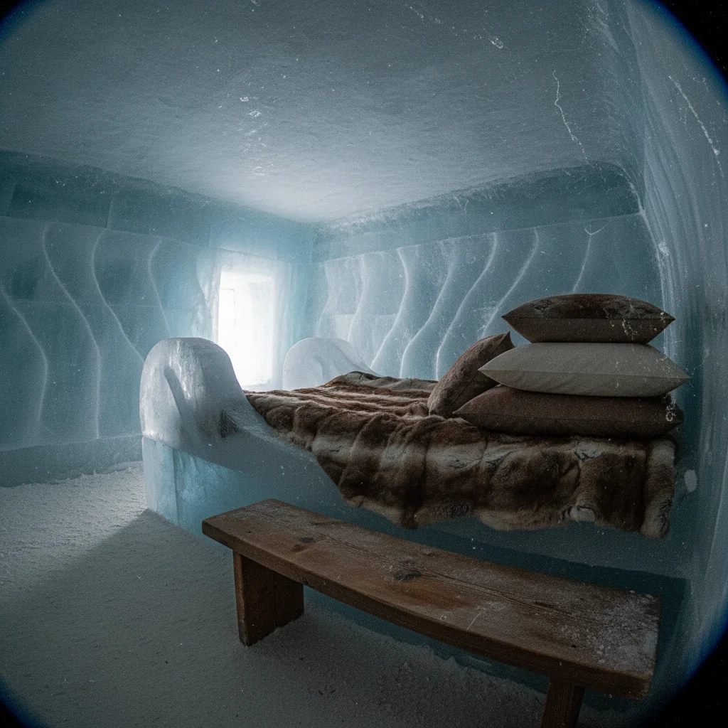Eisbett mit Rentierfell und Schlafsack im Eishotel
