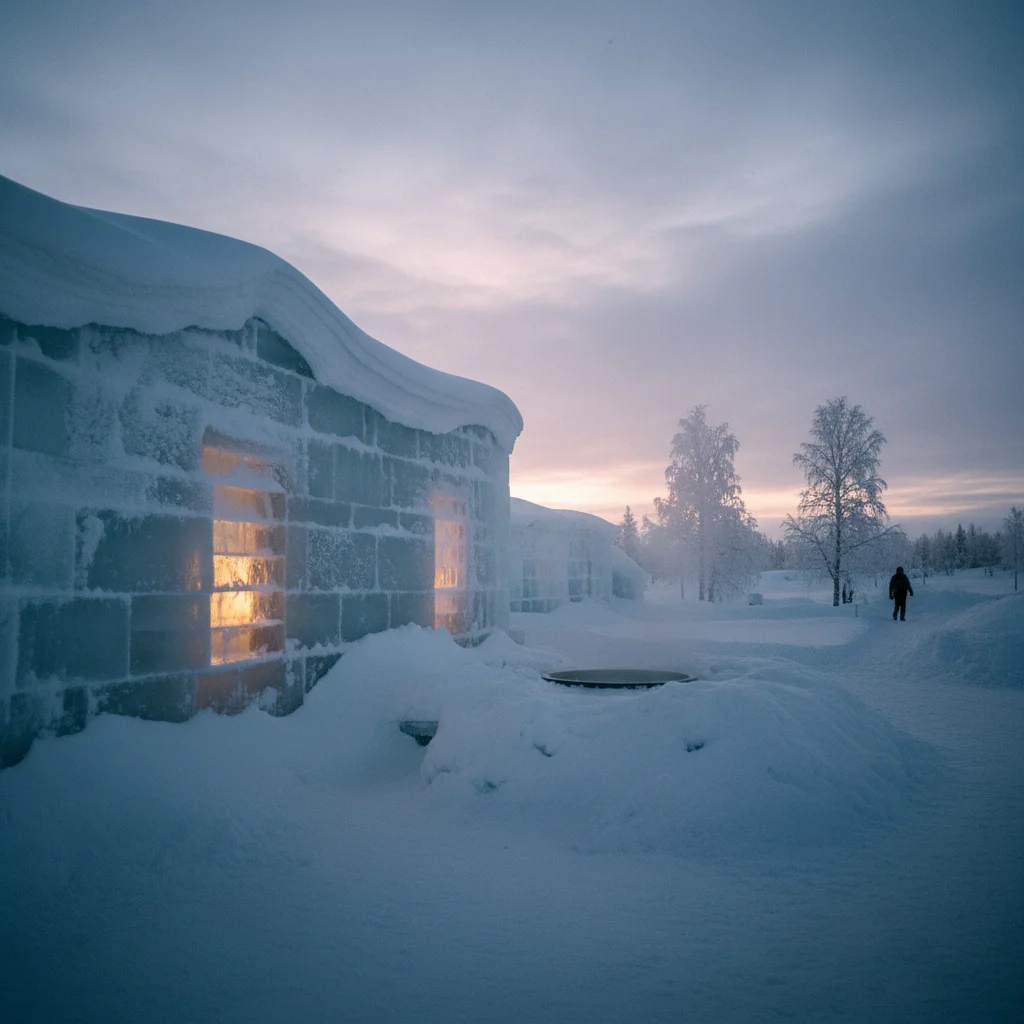 Verschneite Außenansicht eines Eishotels in Lappland bei Dämmerung