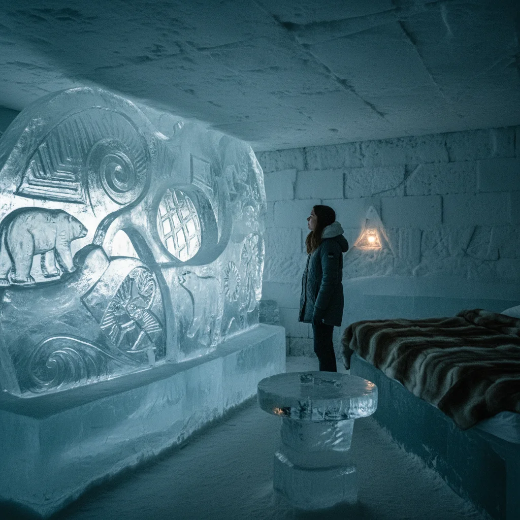 Kunstvoll geschnitzte Eisskulptur in einem Eishotel-Zimmer