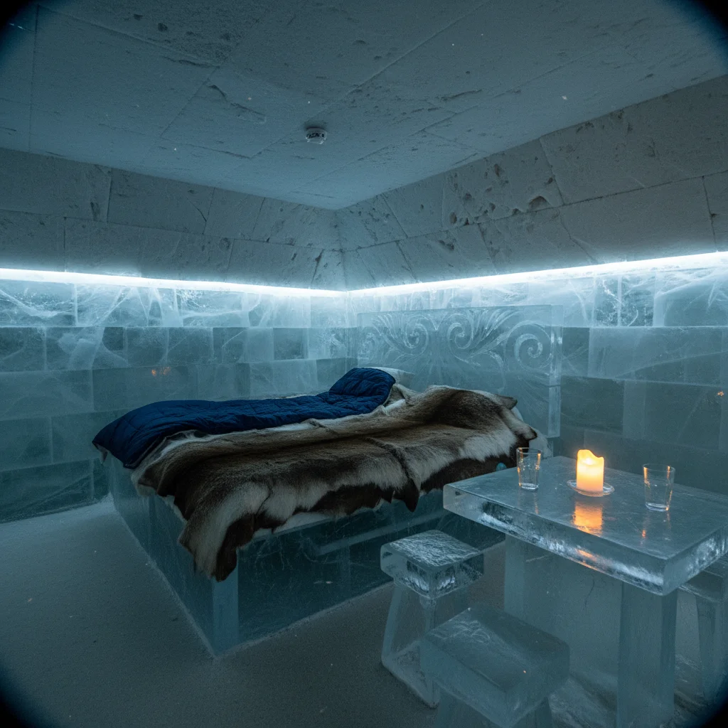 Eiszimmer im Sorrisniva Igloo Hotel mit geschnitzten Wänden und Rentierfell auf dem Eisbett